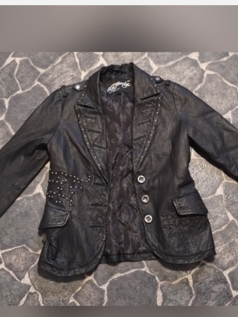 Ed Hardy Christian Audigier Women's Black Leather Motorcycle Jacket VINTAGE